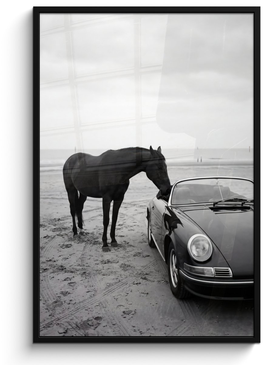 FrameYourWall Poster in lijst - Fotolijst 80x120 cm - Posters - Paard - Auto - Zwart - Wit - Posterlijst zwart - Decoratie - Wanddecoratie woonkamer - Muurdecoratie slaapkamer