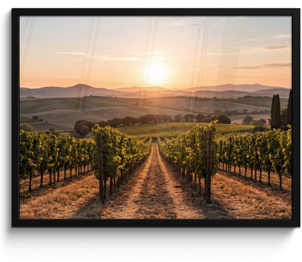 FrameYourWall Poster in lijst - Fotolijst 70x50 cm - Posters - Wijngaard - Zonsondergang - Landschap - Posterlijst zwart - Decoratie - Wanddecoratie woonkamer - Muurdecoratie slaapkamer