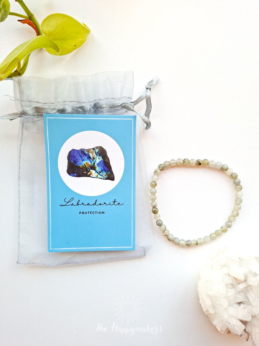 Edelsteen armband in zakje ''labradoriet'' bescherming, 4mm kralen, elastisch, betekenisvol cadeau, uitdeelcadeau