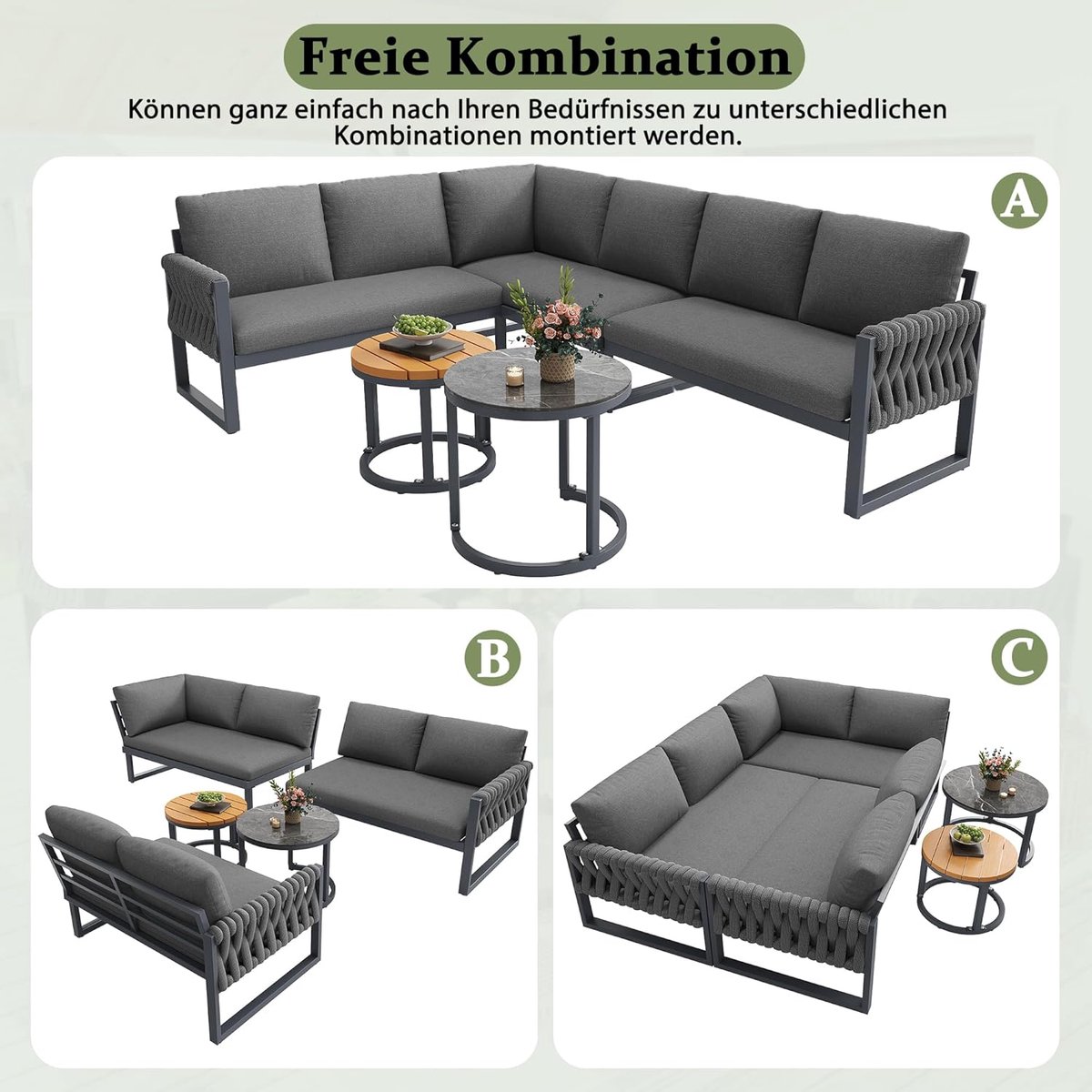 Tuinloungeset 5-6 Personen – Bellavero Luxe Modulaire Hoekbank met Tafels – Weerbestendige Lounge Set met Waterafstotende Kussens & Verstelbare Poten – Tuinset voor Balkon, Terras & Tuin – Grijs