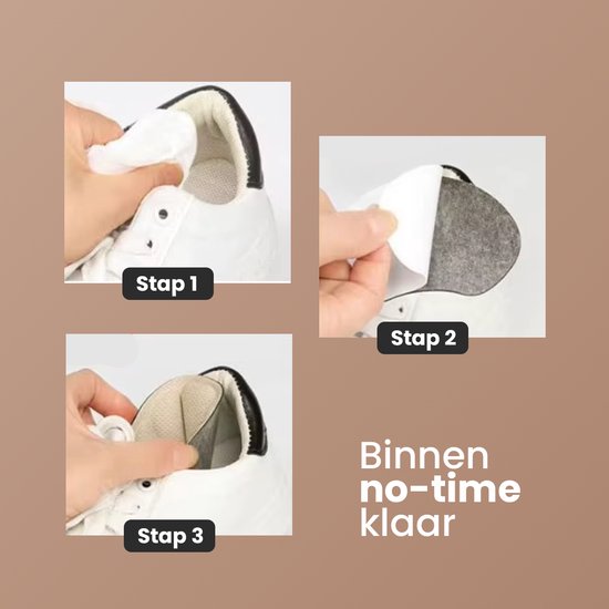 Stappenplan voor het aanbrengen van hielbeschermers in witte schoenen: plaatsen, verwijderen beschermlaag, aandrukken.