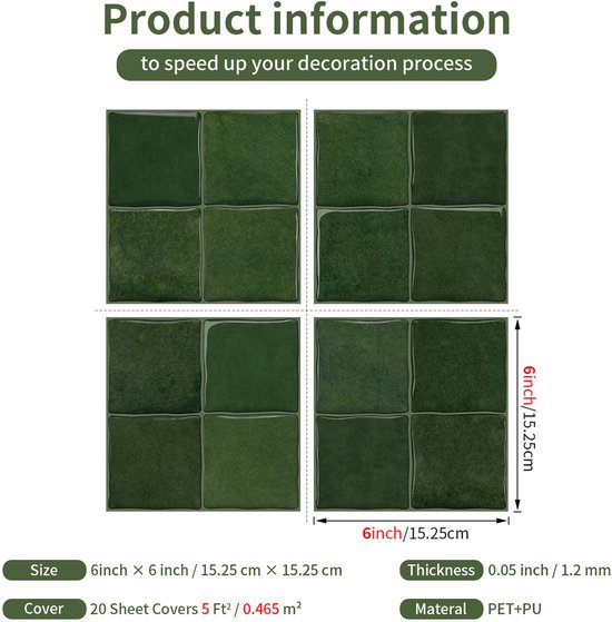 Een set mosgroene, 3D-wandtegels van 15,25 x 15,25 cm. Afmetingen: 6 inch x 6 inch (15,25 cm x 15,25 cm). Dikte: 0,05 inch (1,2 mm). Materiaal: PET+PU.