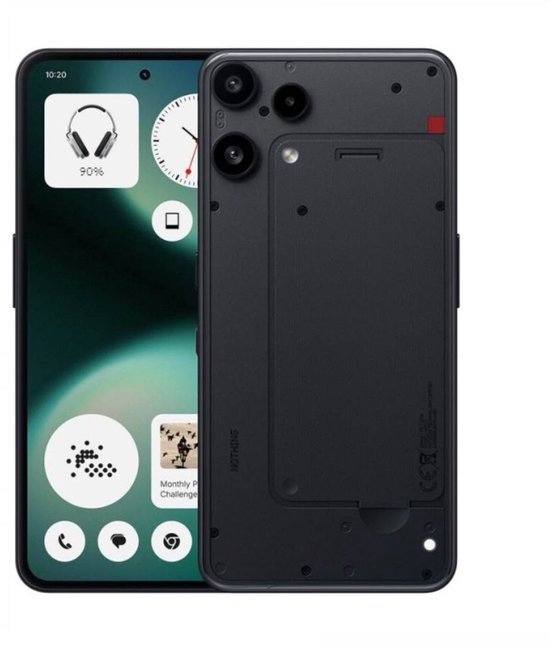 Nothing Phone (3a) Lite in het zwart, met een gestructureerde achterkant en een zichtbaar scherm met widgets.