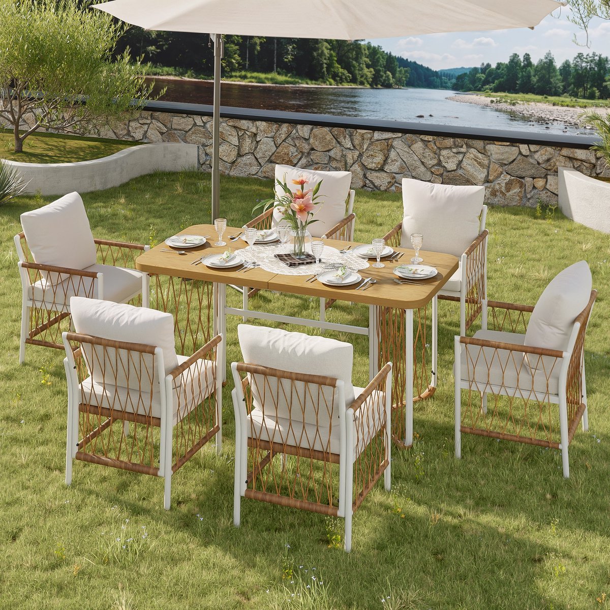Sweiko Tuin Dining loungeset - Eettafel + 6 fauteuils - Metalen frame - Gevlochten armleuningen - Met kussens - Beige + Naturel
