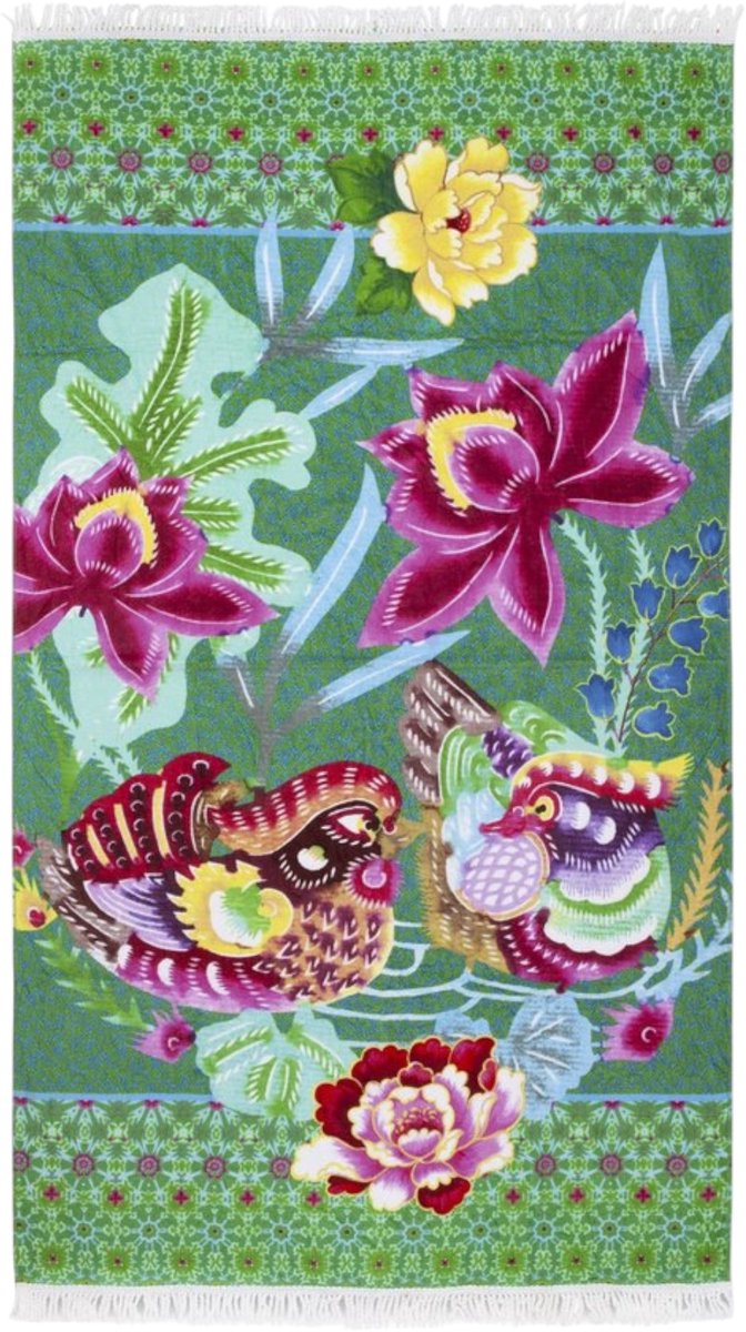 Happiness Strandlaken Harmony - 100x180 cm - 100% Katoen - Bloemen en Vogels - Aqua met Franjes