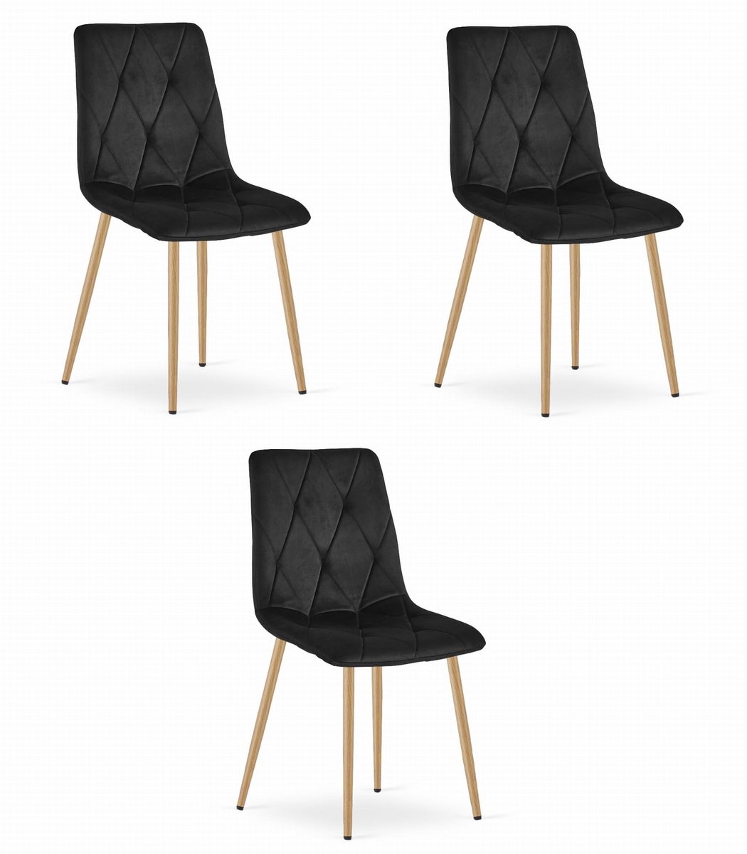 LEOBERT Set van 3 Eetkamerstoelen LIBRA Zwart – Houtlook Metalen Poten, Modern Velvet Bekleding, Ergonomisch Design, Max. 120 kg