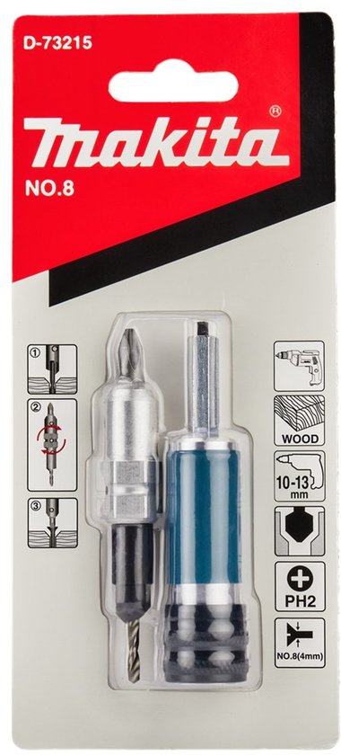 Makita D-73215 QUAD DRIVER verpakking met schroefbits en booropzetstuk.