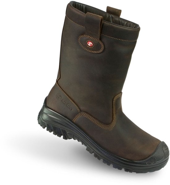 Bruine leren werklaars met zwarte zool, Sixton Peak-logo en gespdetail.