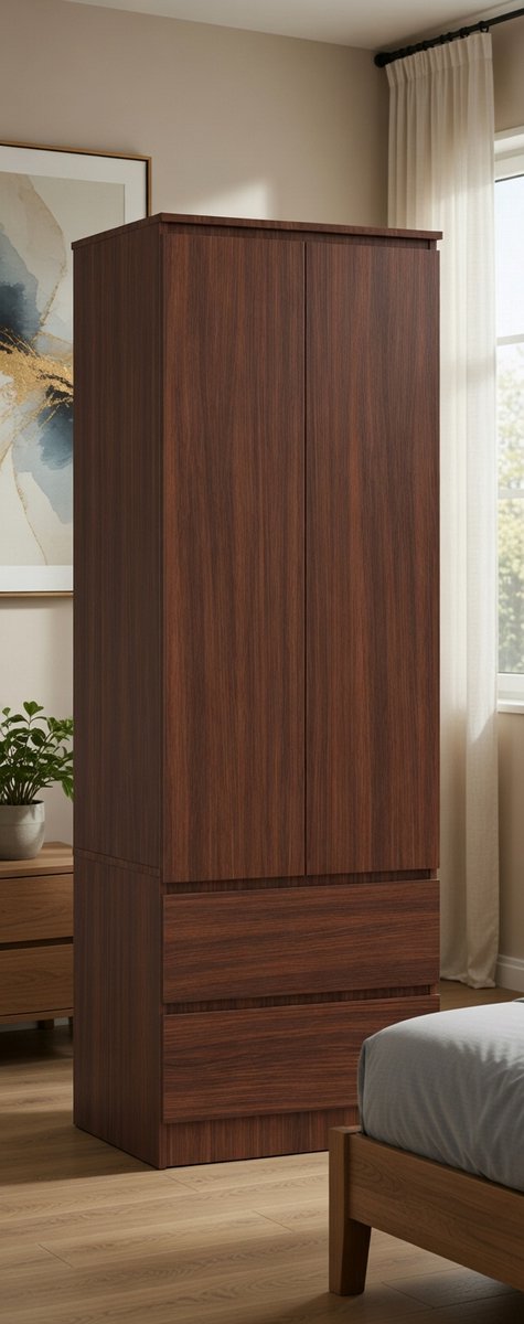 Starline Kinder- en Slaapkamer Kledingkast – Compacte 2-Deurs Kast met 2 Laden, Planken en Kledingstang – Wengé Gelamineerd – Perfect voor Kleine Ruimtes Novihome