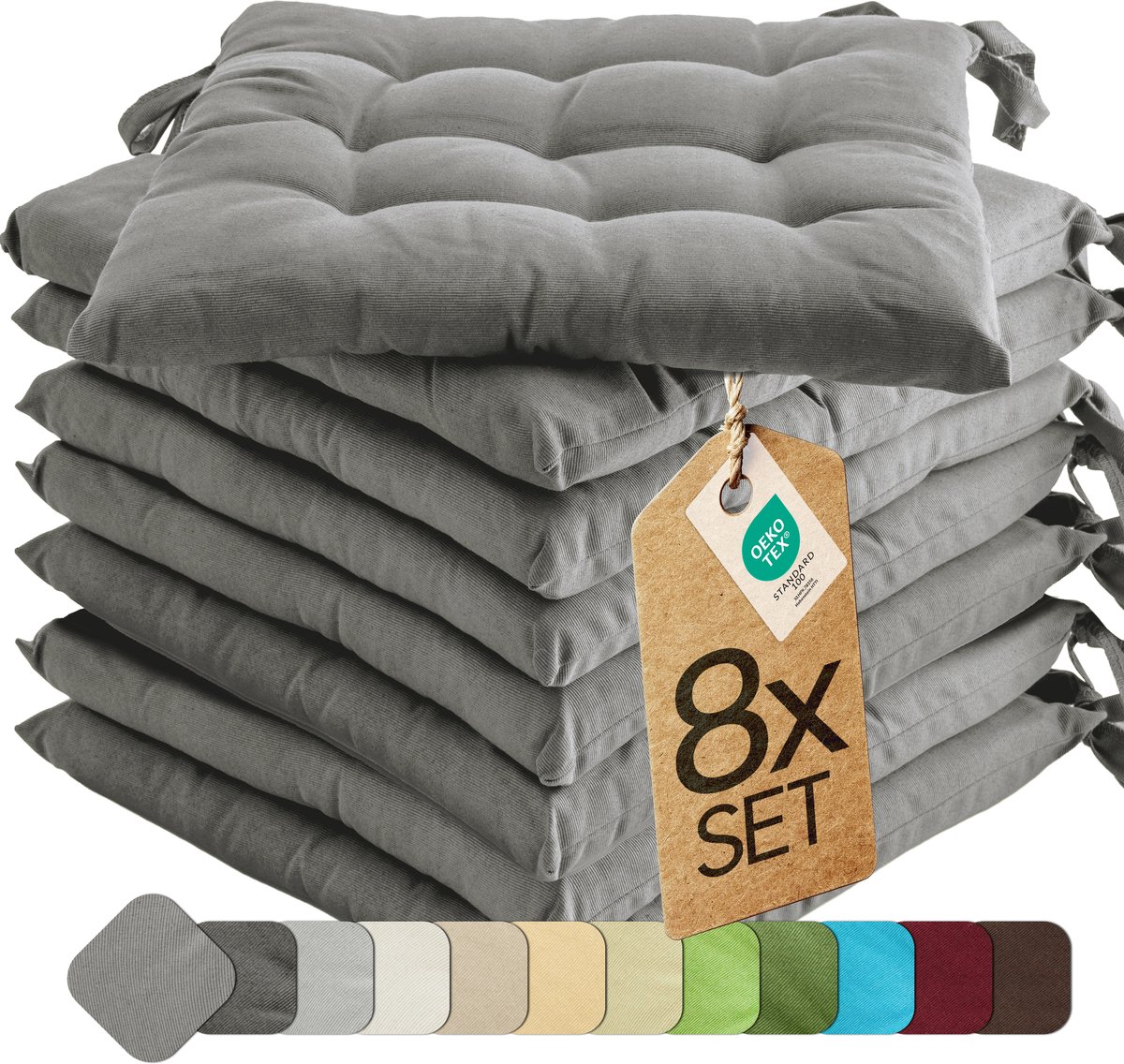 etérea Basic Zitkussen Stoelkussen - Seat Cushion 8 Stuk - 40x40 cm - Grijs