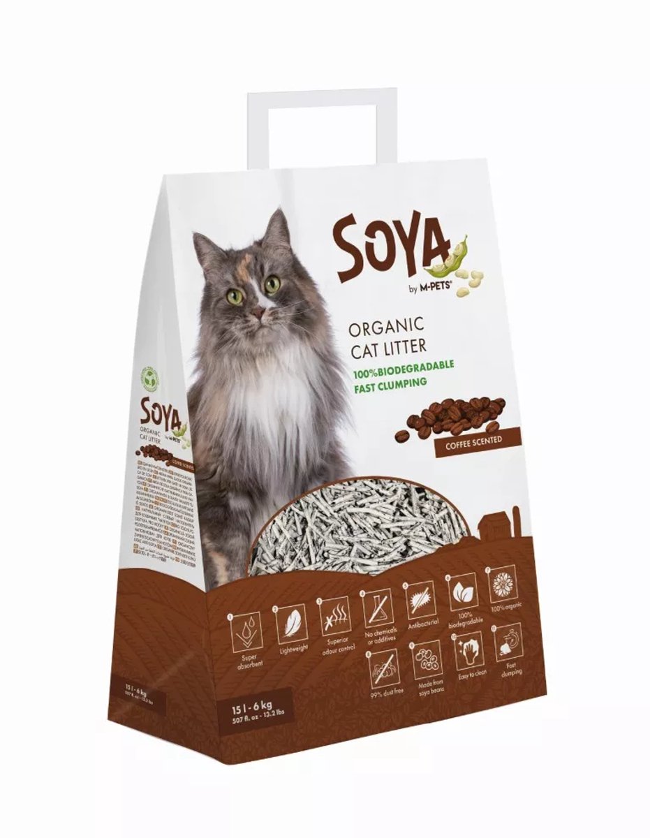 M-PETS SOYA organische kattenbakvulling 6kg 15L koffie