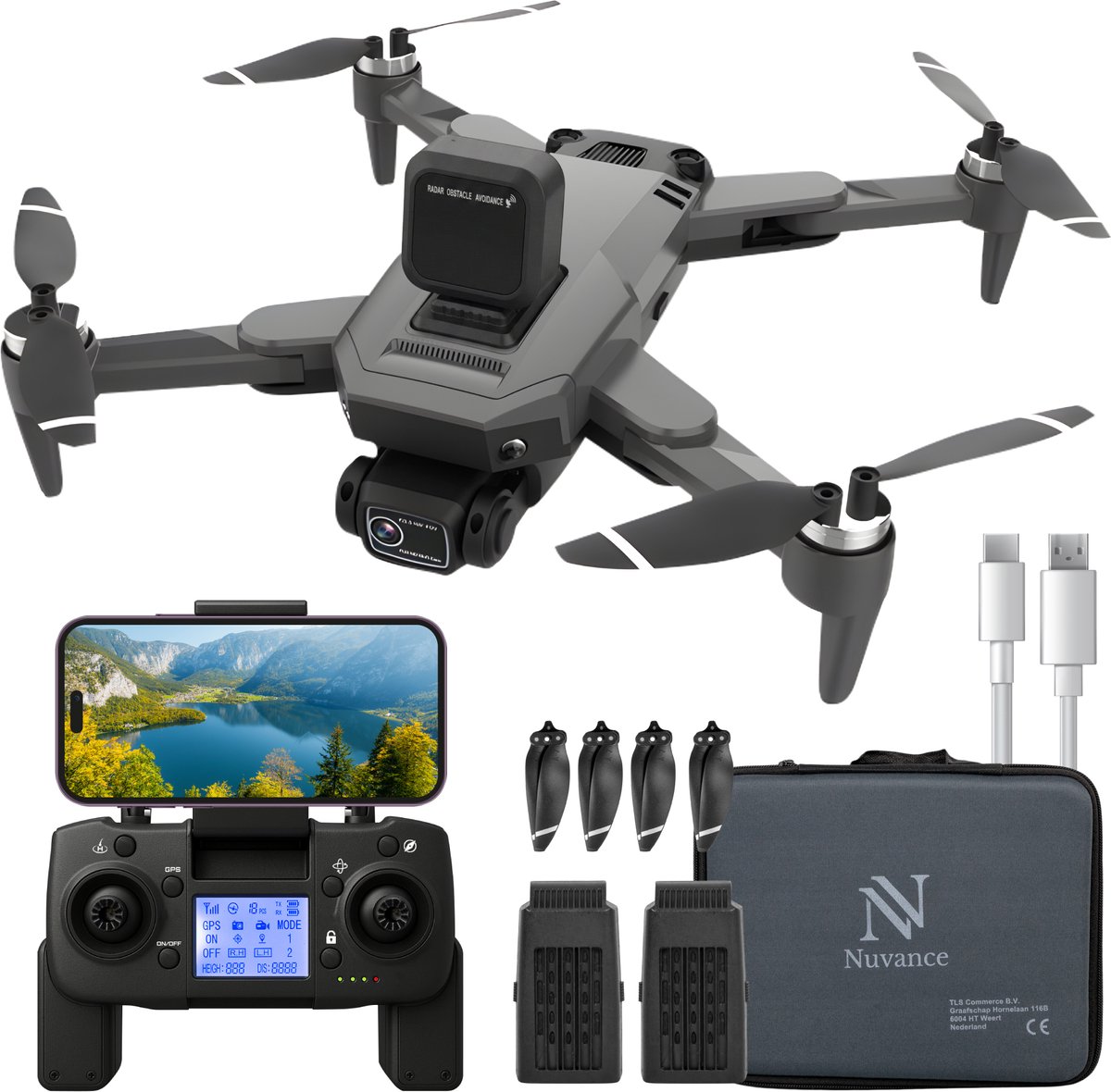 Nuvance - Drone met Camera en GPS - 1080p Mini Camera - voor Buiten en Binnen - inclusief Opbergtas, Ontwijking Module en 2 Accu's