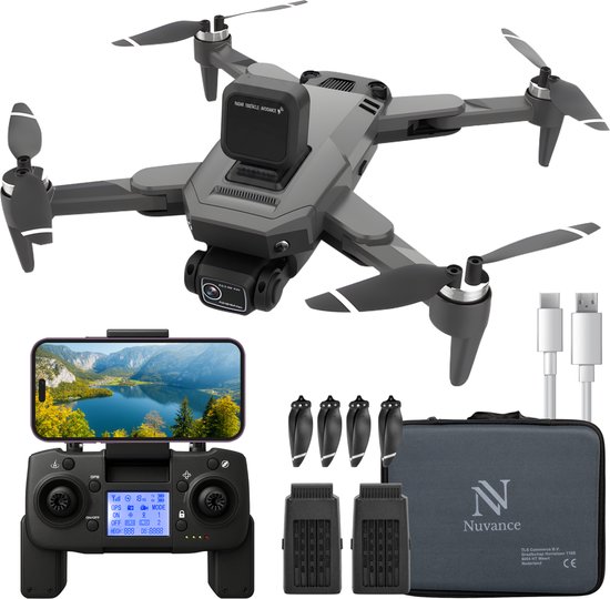 Nuvance - Drone met Camera en GPS - 1080p Mini Camera - voor Buiten en Binnen - inclusief Opbergtas, Ontwijking Module en 2 Accu's