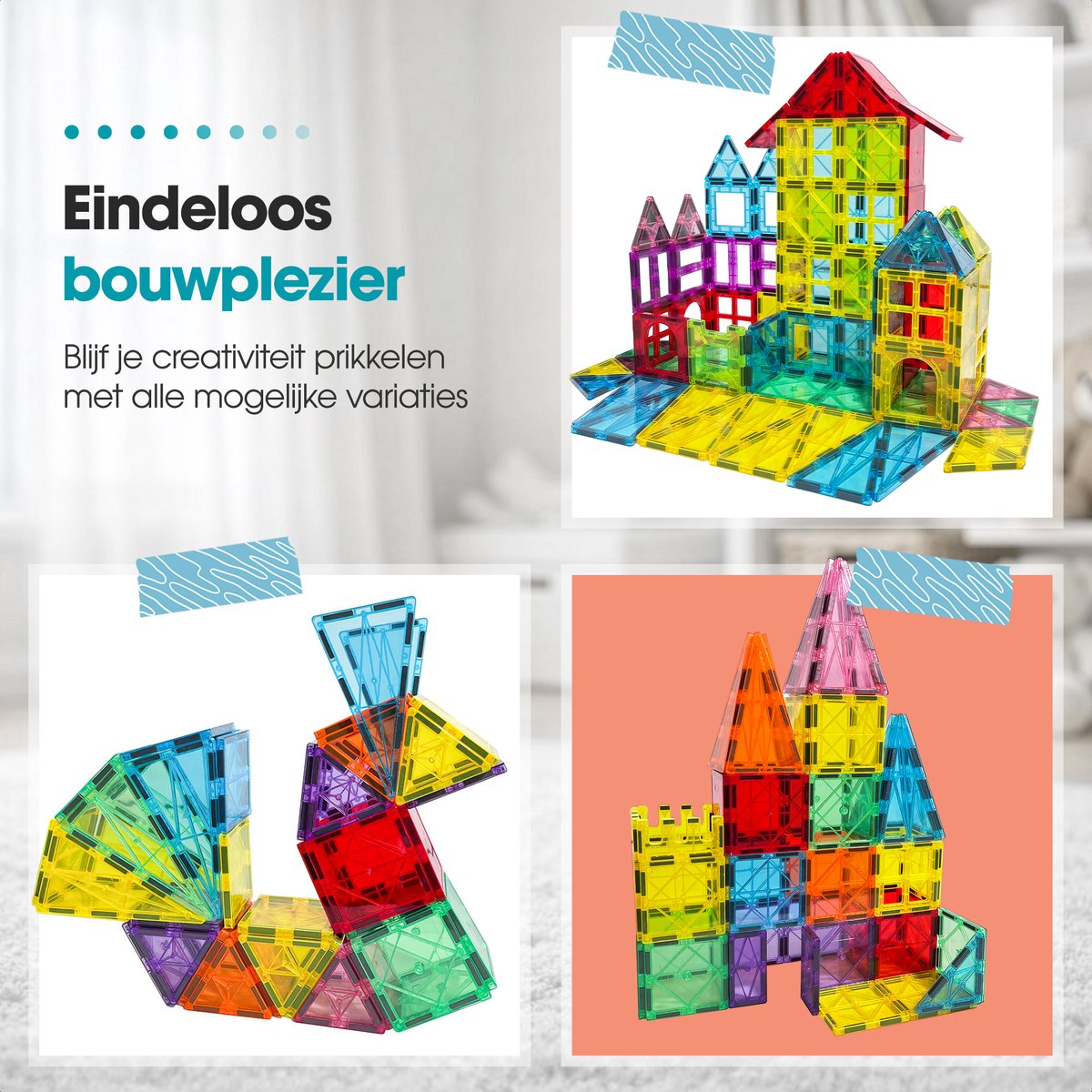 Magnetic tiles - XL 129 stuks - Magnetische tegels - Speelgoed - Magneet tegels - Montessori - Bouwstenen - Travel set - Constructiespeelgoed - Met 4 magna poppetjes — afbeelding 8
