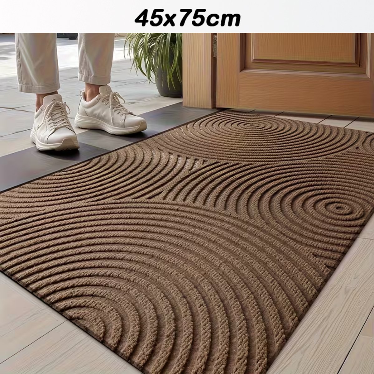 Antislip Deurmat met Rondjes Streepdesign – Koffie kleur– Polyester – 75cm x 45cm - Rubberen Onderkant – Gemakkelijk Schoon te Maken – Ideaal voor Entree, Veranda of Garage - 75cm x 45cm