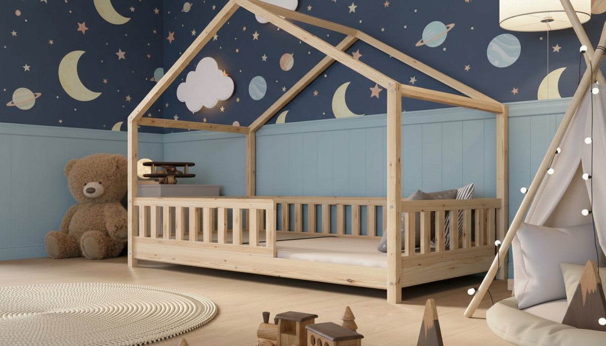 Kinderbed 190x100 cm – Natuurlijk Houten Montessori Cabin Bed met Veiligheidsrail & In Hoogte Verstelbare Poten – Casa Velluto Peuterbed voor Jongens en Meisjes – Massief Dennenhout, Duurzaam en Veilig