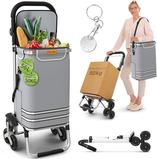 Grijze boodschappentrolley met 56L volume en 50KG draagvermogen, getoond met boodschappen en een doos, inclusief winkelwagenmunt.