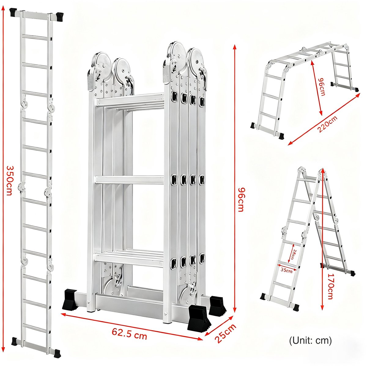 OUTIGO Multifunctionele ladder - 3,5 meter - 7 in 1 - opvouwbaar - aluminium - met 2 wielen - geschikt voor huishoudelijk gebruik - maximale belasting 150 kg - 12 treden – foto 2