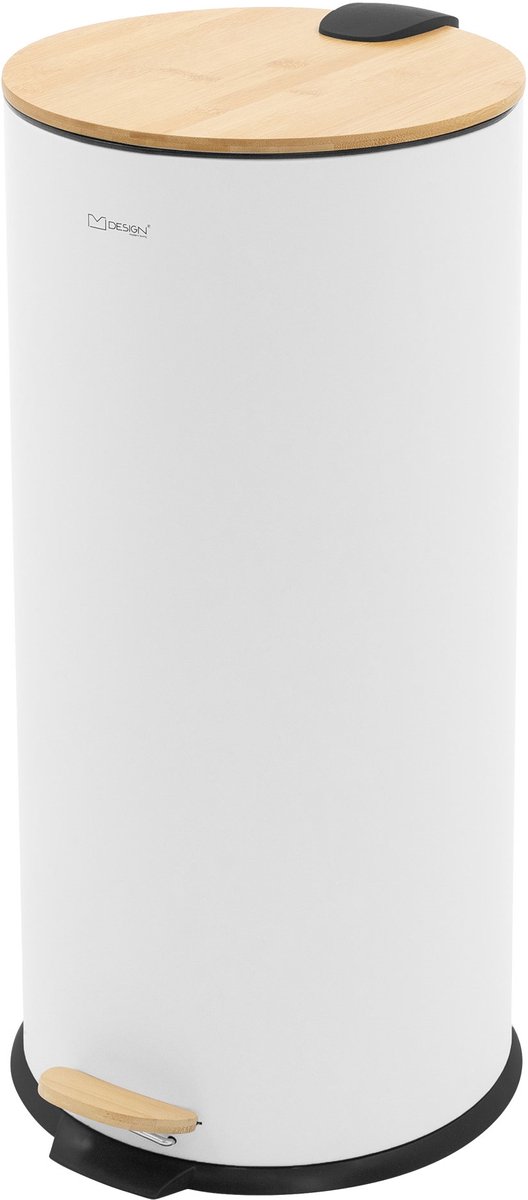 Afvalbak 30L rond met voetpedaal, wit, staal, pedaalemmer met bamboe deksel Softclose ML design