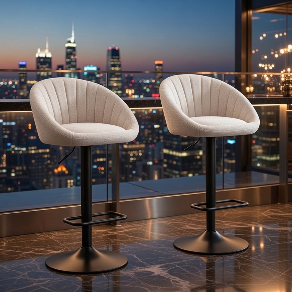 Hoge Linnen Barkrukken Set van 2 – Verstelbare en Draaibare Barstoelen met Rugleuning voor Keuken, Keukeneiland of Bar – Comfortabele Moderne Krukken in Beige – Casa Serena – Afmetingen op aanvraag...
