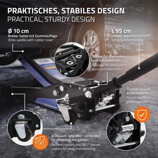 Zwarte hydraulische krik met blauwe details, met brede zadel en lange handgreep, met oranje indicatie L 95 cm.