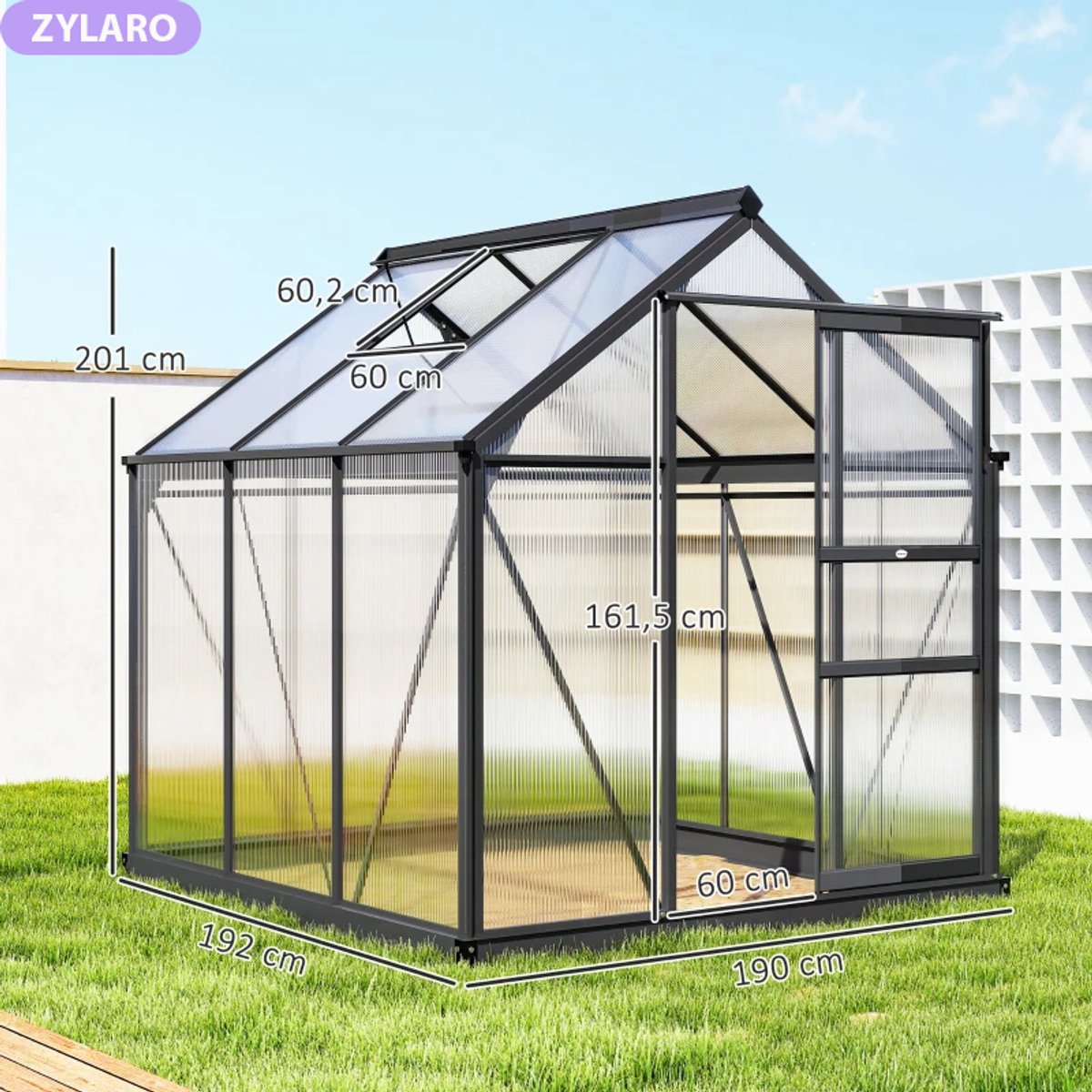Kas met Fundering, Dakraam, Schuifdeur - UV-bestendig - 4 mm Panelen - Tuinkas - Broeikas - Kweekkas - Tomatenkas - Groentekas - Plantenkas - voor Groenten, Bloemen, Planten - 192 x 192 x 201 cm - Aluminiumlegering + Polycarbonaat – foto 4