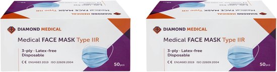 Diamond Medical Medische mondkapjes - Type IIR - Blauw - 2x 50 Stuks - Voordeelverpakking