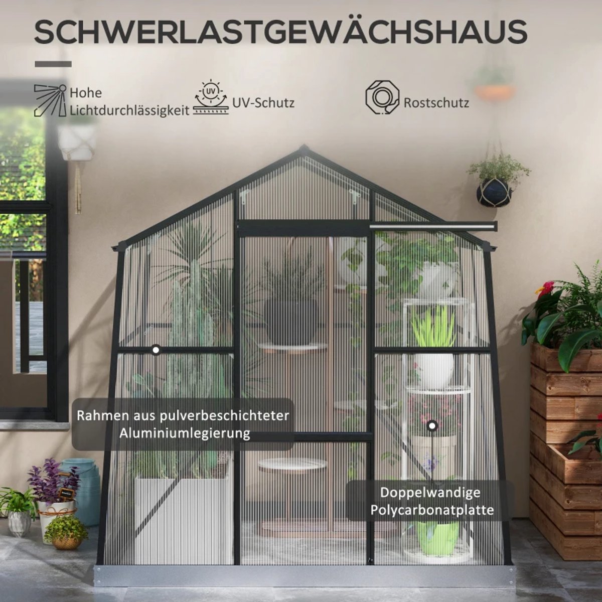 Kas met Schuifdeur en Schuifraam - Weerbestendig - Tuinkas - Broeikas - Kweekkas - Tomatenkas - Groentekas - Plantenkas - voor Groenten, Bloemen, Planten - 192 x 192 x 203 cm - Aluminiumlegering + Polycarbonaat - Zwart – foto 3
