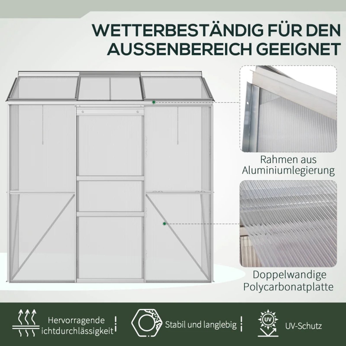 Kas met Schuifdeur en Dakraam - Wandkas - Muurkas - Tuinkas - Broeikas - Kweekkas - Tomatenkas - Groentekas - Plantenkas - voor Groenten, Bloemen, Planten - 192 x 68 x 196 cm - Polycarbonaat + Aluminium - Zilver – foto 7