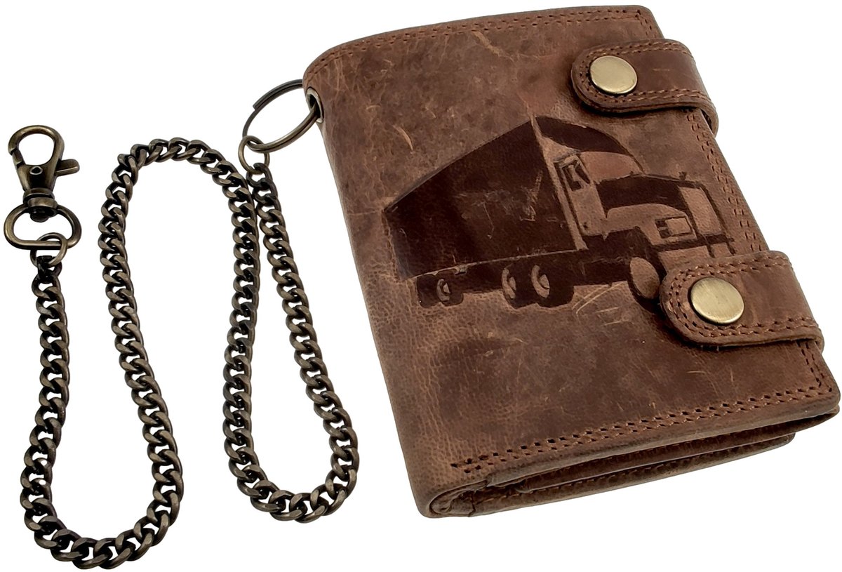 Biker Portemonnee met Ketting Heren - Verticaal - Donkerbruin 100% Buffelleder - RFID Protected Anti skim