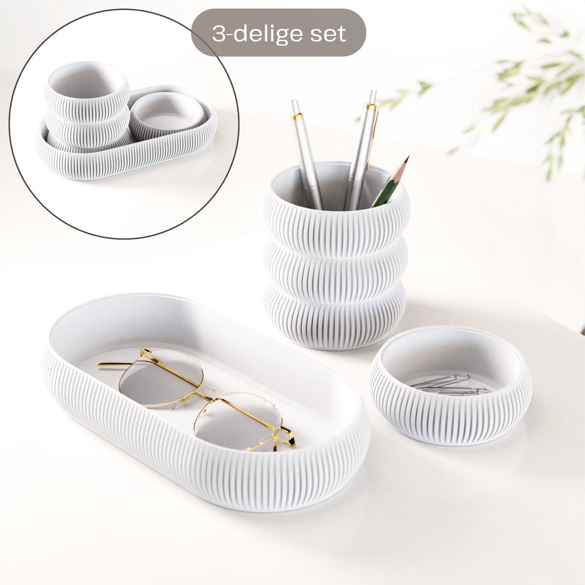 Fleuriek - Bureau organizer set 3-delig - Stapelbaar & modulair - Pennenhouder met opbergbakjes voor bureau, keuken, badkamer & make up - Wit