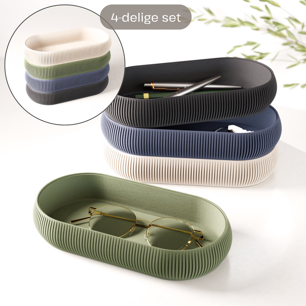 Fleuriek – Stapelbare organizer set 4-delig – Mix & match opbergsysteem – Trays + pennenhouder voor kantoor, bureau, badkamer & keuken – Blauw-Groen