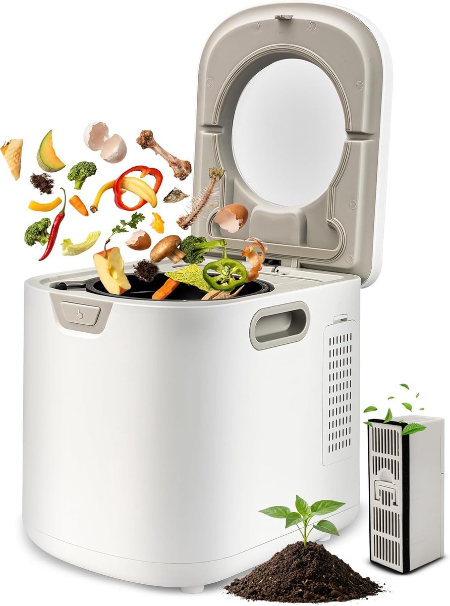 NutriChef Compostmachine - Elektrische Compostbak– Slimme Keukencomposteerder – Inclusief 2 geurloze koolstoffilters en 3 volumestanden – 3,8 L Wit