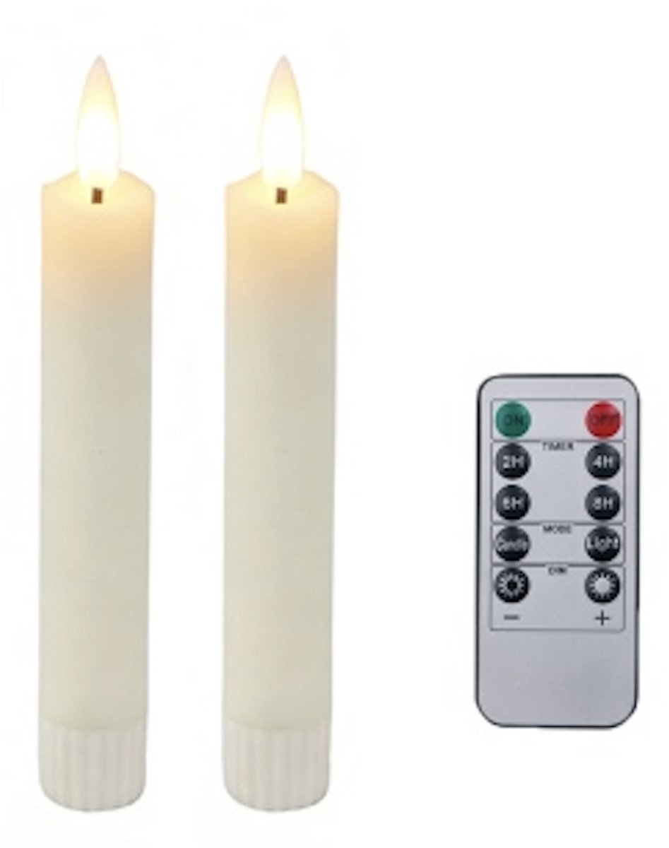 Foryouliving - LED kaarsen met flikkerende vlam 2x - Ivoor - Ivory - Afstandsbediening - Dinerkaars rustiek wax 15.5 cm - LED kaars batterij - Timer