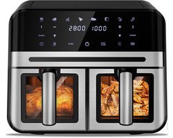 Dubbele Airfryer XXL 10L (2×5L) – 8 Automatische Programma’s – Grote Capaciteit voor 6 Personen – 2500W Krachtig Vermogen – Dual-Zone 2 Manden met SYNC Technologie – Gezond Frituren Zonder Olie – Met Kijkvenster – Zilver