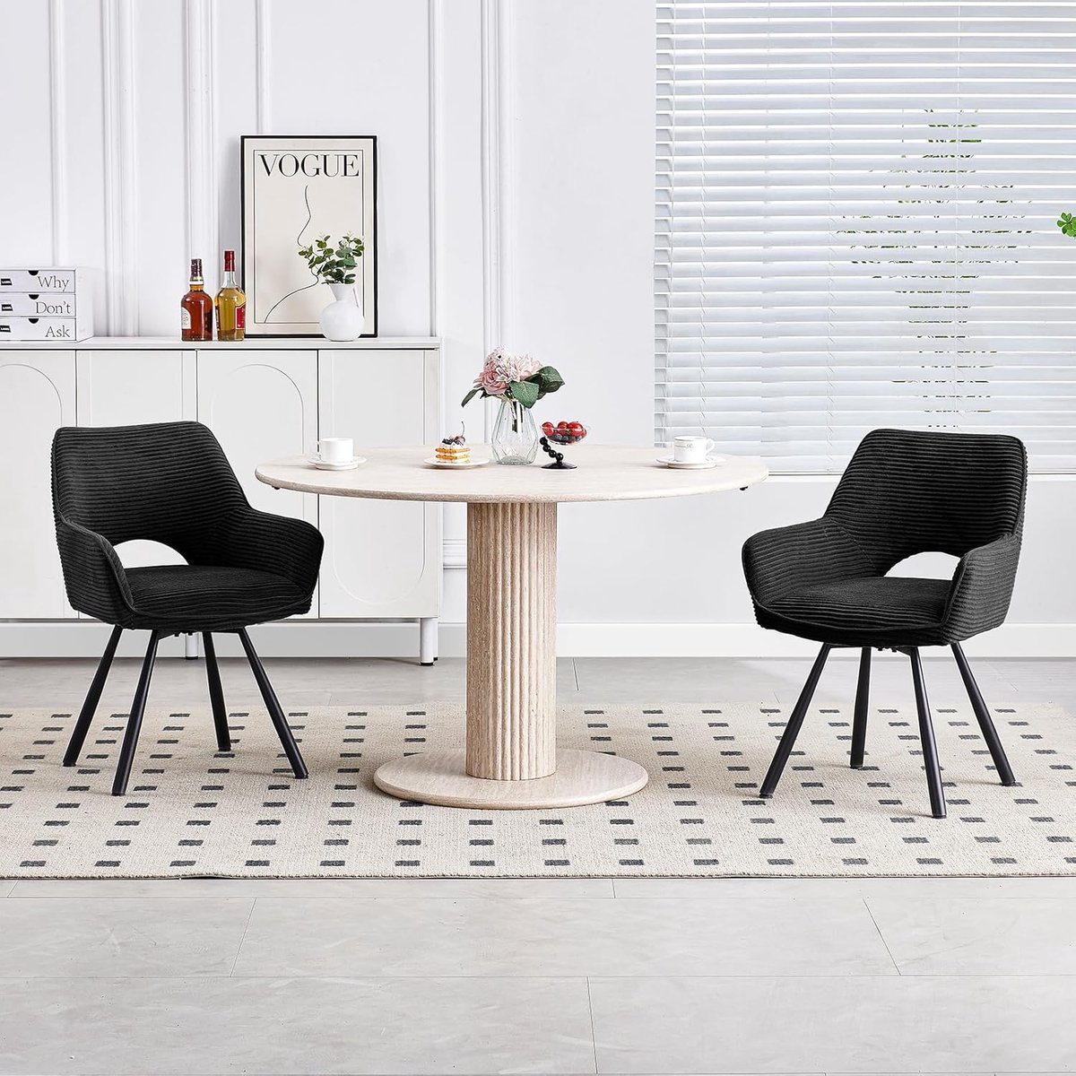 Eetkamerstoelen Set van 6 – 49x42x82 cm – 360° Draaibaar – Met Armleuningen – Corduroy Stoffen Bekleding – Ergonomische Moderne Keukenstoelen – Zwart – Abkantoor