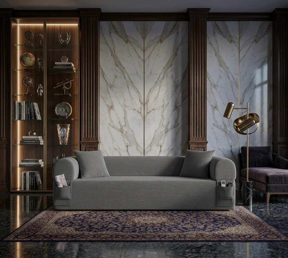 Milano Luxe 3-Zits Slaapbank 210 cm met Poefs & Kussens – Moderne Modulaire Corduroy Bank zonder Montage – Grijs - Casa Serena – 210 cm – Casa Dorada