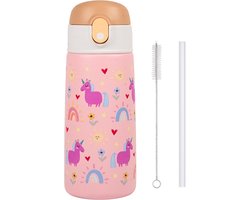 Pure Luv RVS Drinkfles met rietje - Magicsip - Drinkbeker - Roze - 500ml - Roestvrijstaal - RVS drinkfles Voor Kinderen - Inclusief Schoonmaakborstel - Kind- Peuter - BPA vrij - Unicorn - Schoolfles - Schoolreisje - Vakantiefles