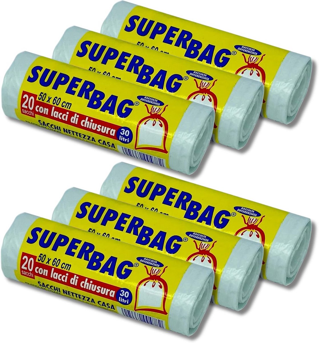 Set van 6 rollen transparante vuilniszakken 30 liter - gerecycled PE-kunststof met bindbanden