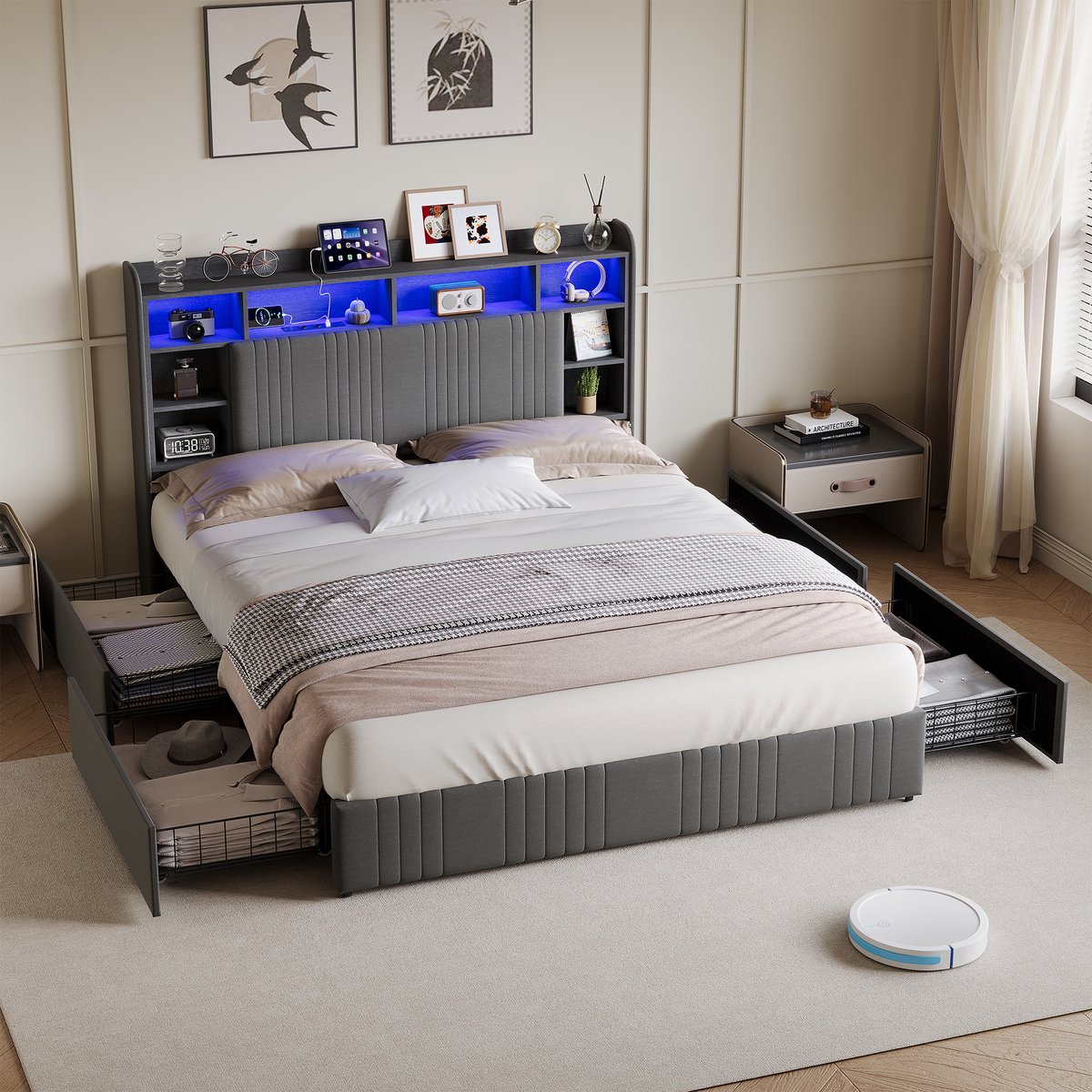 Gestoffeerd bed 160 x 200 cm, opbergbed met 4 lades, tweepersoonsbed met led- en usb-aansluiting, continentaal bed, grijze linnen stof