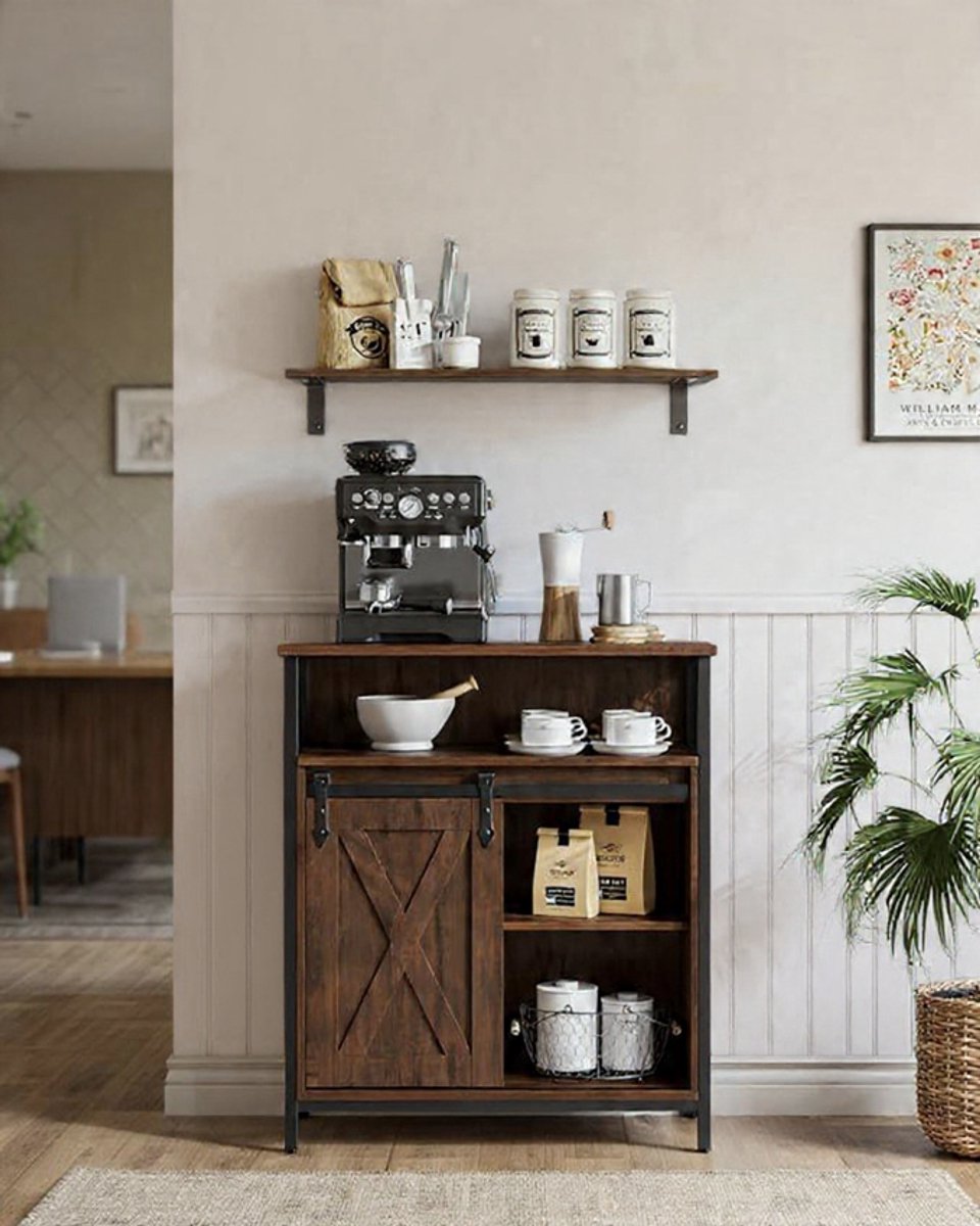 Landhuisstijl Dressoir voor Woonkamer, Keuken en Hal – 4 Vakken + Open Middelvak – Verstelbare Planken – Eikenbruin & Zwart – Stijlvolle Keukenkast en Sideboard 30x70x80 cm novihome