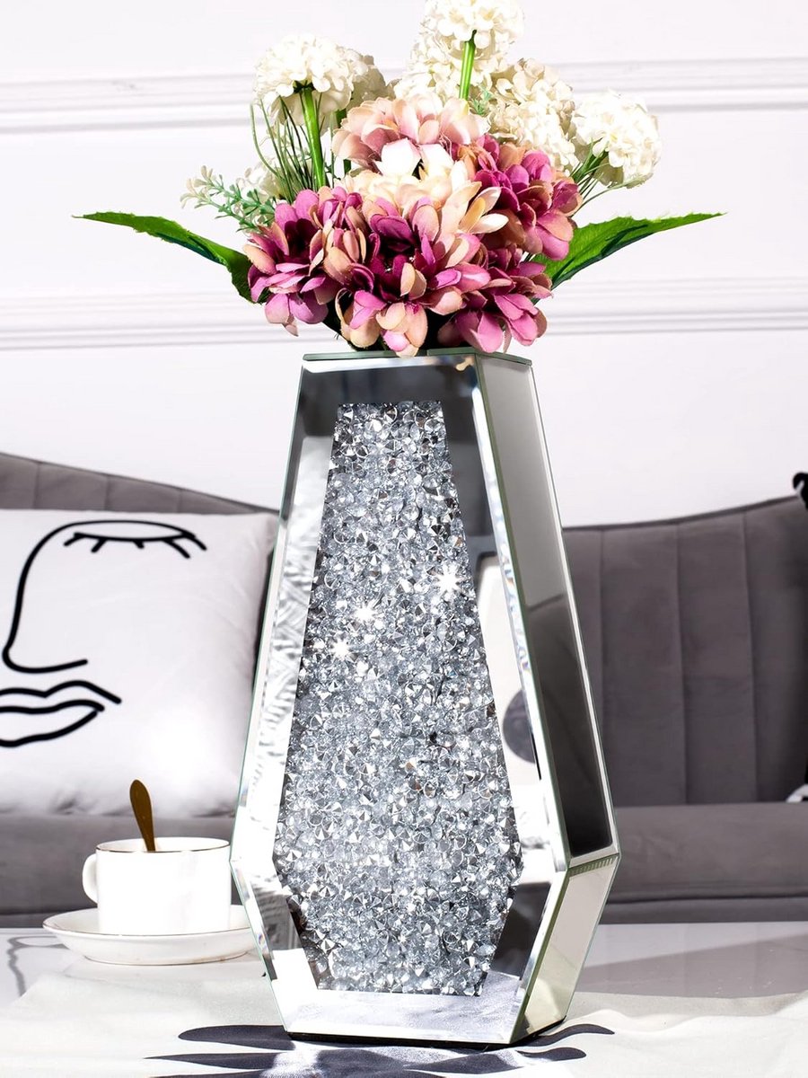 Decoratieve Bloem Spiegel Vaas van Zilver Glas - 30 cm