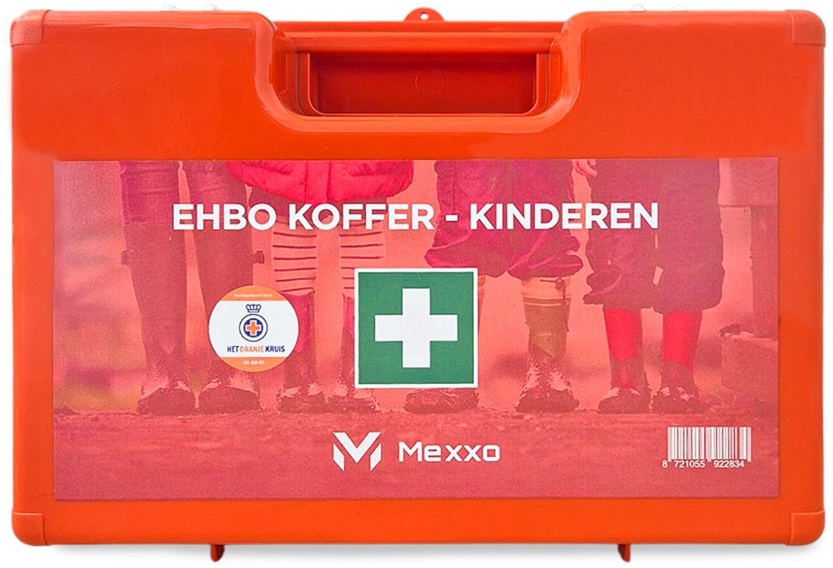 Cover van Mexxo EHBO kit Kinderen - BHV verbandkoffer - Oranje Kruis gecertificeerd - 84-delig