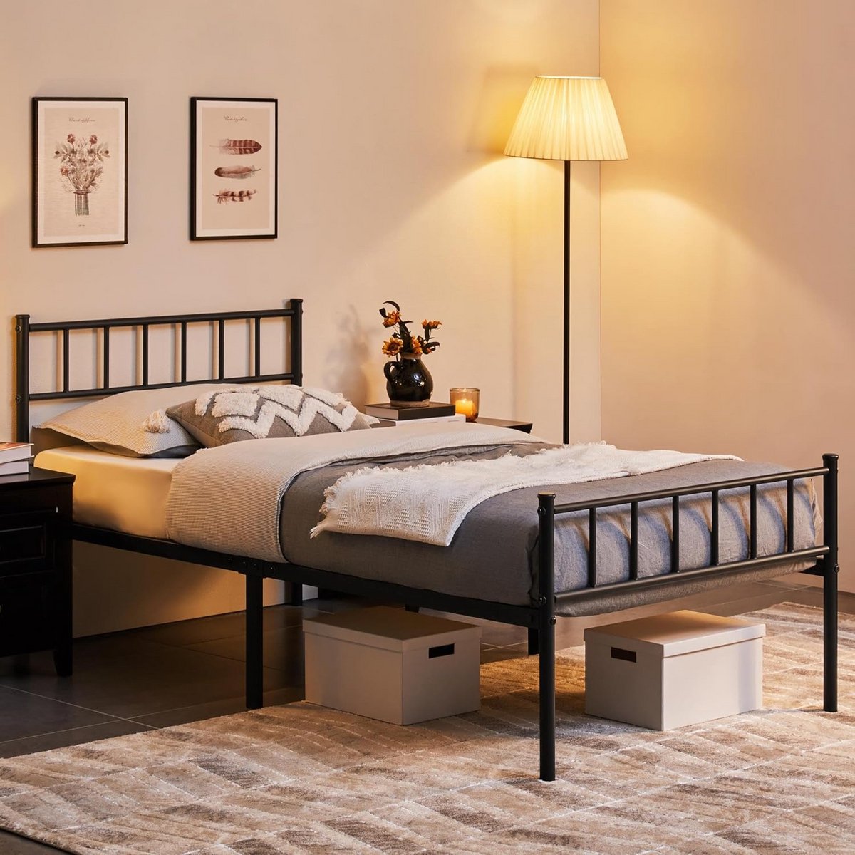 Metalen Bedframe 90 x 200 cm met Hoofdeinde en Lattenbodem - Zwart Minimalistisch Design voor Slaapkamer