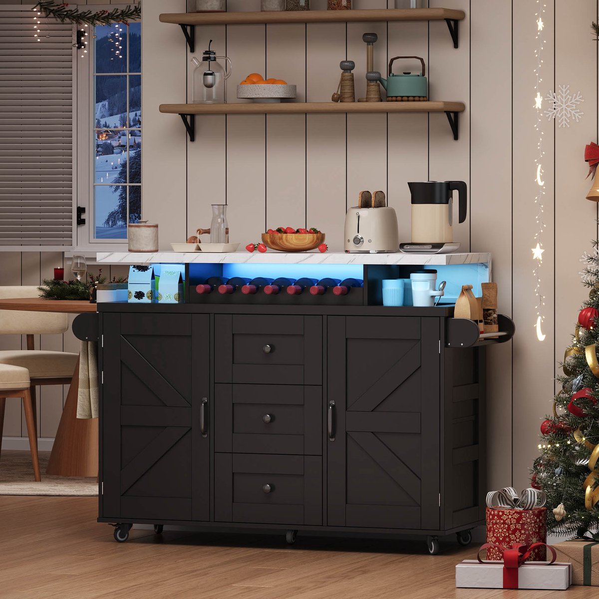 OKWISH Keukeneiland Op Wielen - Inklapbaar Werkblad Met Led Verlichting - Keukenwagen Met 2 Deuren 3 Lades - MDF Zwart - 138x60x93 Cm
