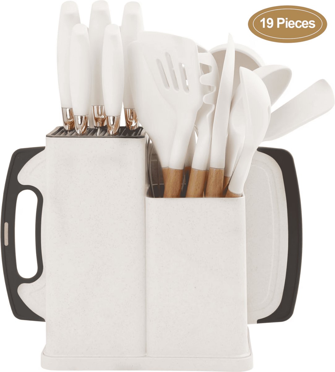 Killogood 19-delig Keukengerei Set om te Koken, 11 Kookgerei, 6-delig Messenset in Beige, 3 Accessoire Sets