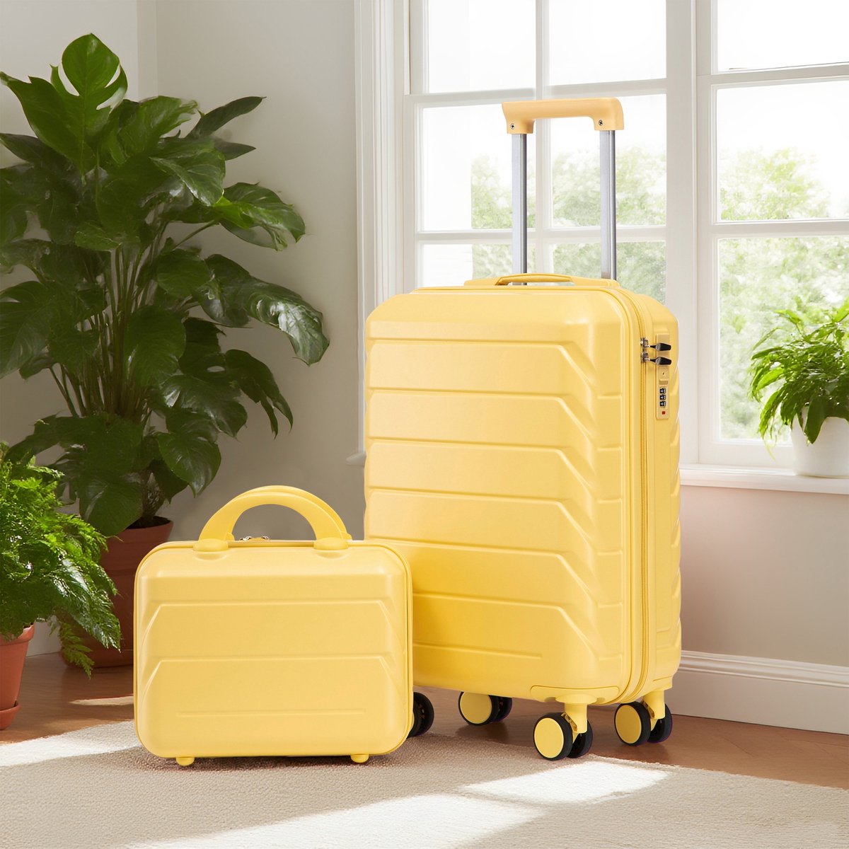 Kofferset Compact 19 En 14 Inch Met Cijferslot ABS Geel Voor Weekendtrips Met Zwenkwielen En Uitneembare Toilettas