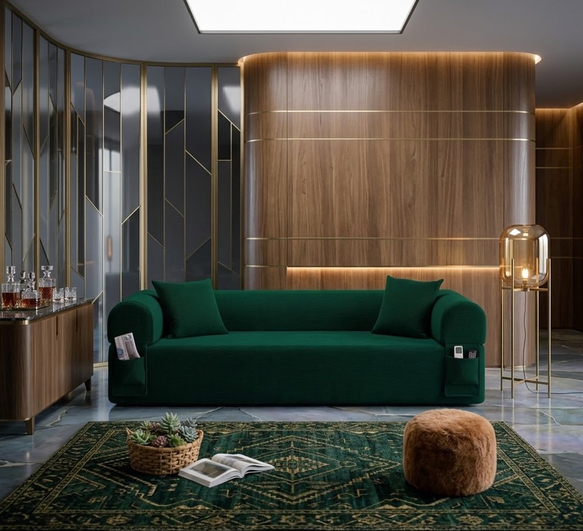 Modulaire 3-zits Bank & Slaapbank – Frameloze Luxe Corduroy Woonkamerbank met 2 Kussens en 2 Poefs – Geen Montage Nodig – Groen - Casa Serena – Afmetingen op aanvraag – Casa Dorada