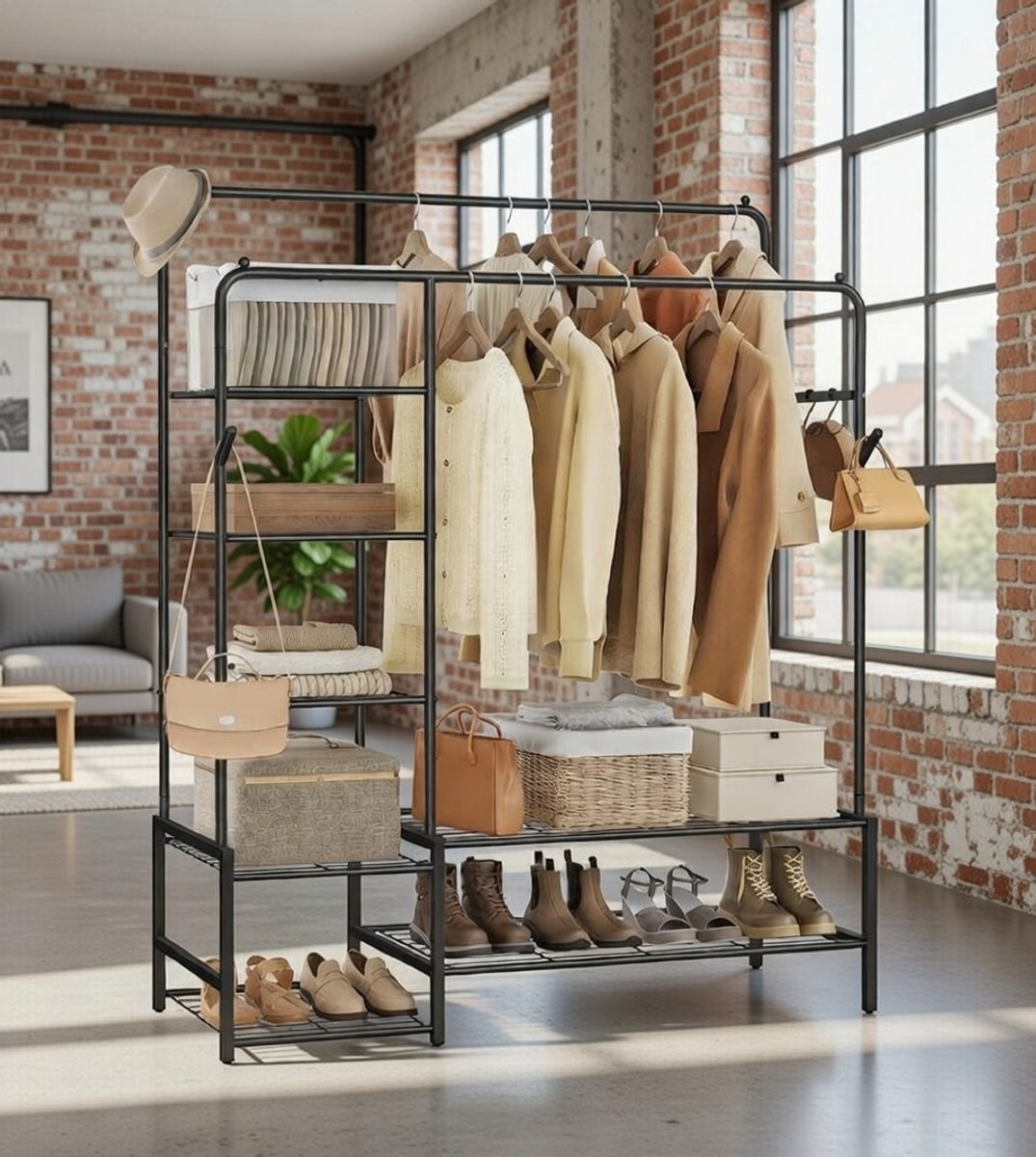Industriële Open Kledingkast met 7 Planken en 2 Kledingstangen – Zwart Metaal 115,8 cm novihome