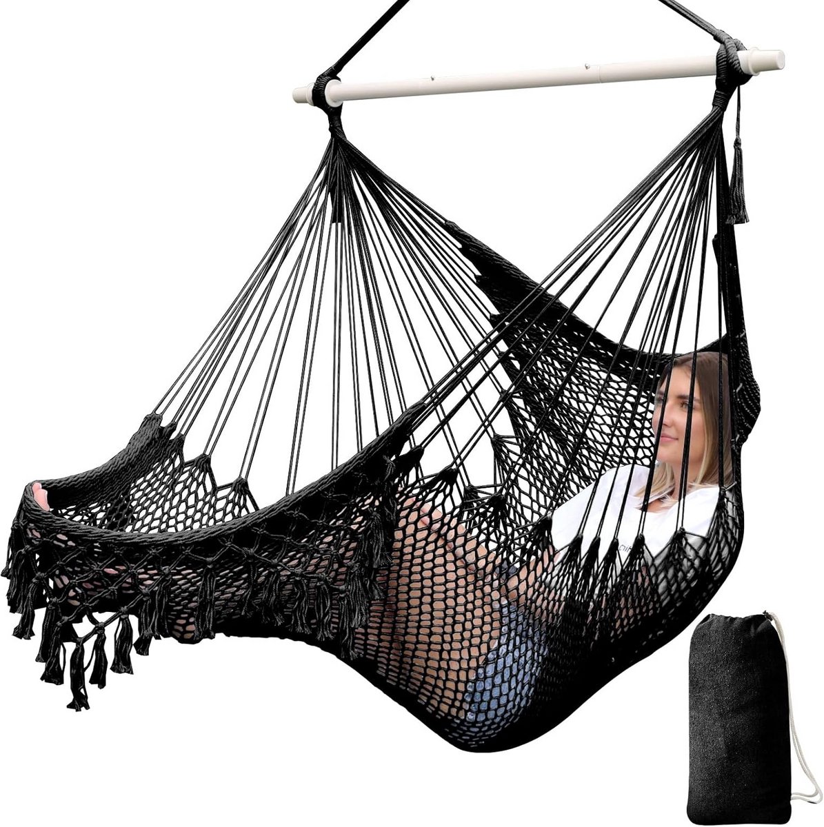 Super Grote Hangmat Stoel - Zacht Katoenen Touw Weven, Opvouwbare Sterke Metalen Spreader Bar, Brede Zitting, Geschikt voor Binnen en Buiten
